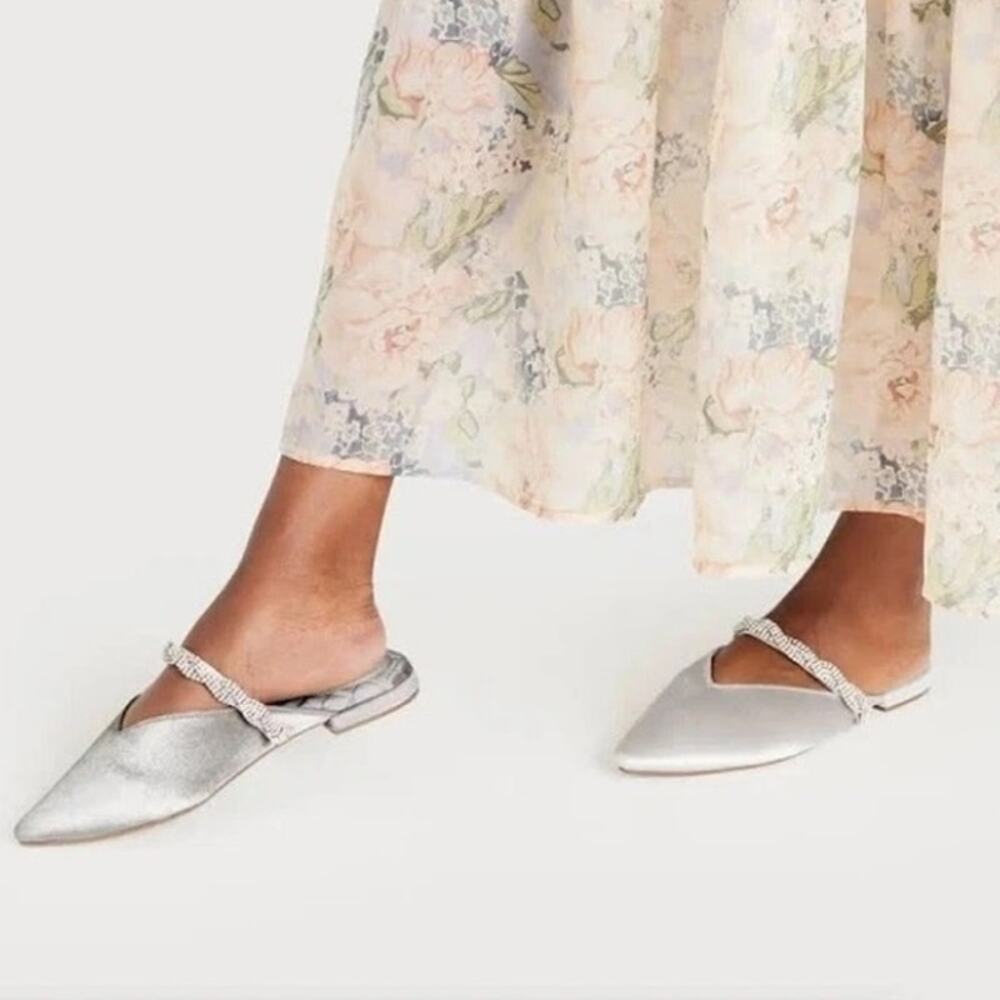 Birdies The Swan Silver Velvet Crystal Strap Mules Flats Quiet Luxury Size 8.5